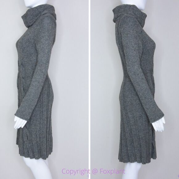 Max Studio wool blend cowl neck cable knit grey pleated sweater dress, size S - Picture 2 of 16